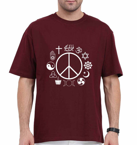 Peace Religious Symbols Oversized T-Shirt for Men-Maroon-Ektarfa.online