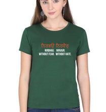 Load image into Gallery viewer, Nirbhau Nirvair T-Shirt for Women-XS(32 Inches)-Dark Green-Ektarfa.online
