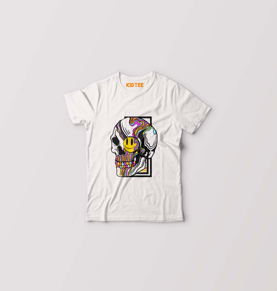 Trippy Psychedelic Skull Emoji Kids T-Shirt for Boy/Girl-White-Ektarfa.online