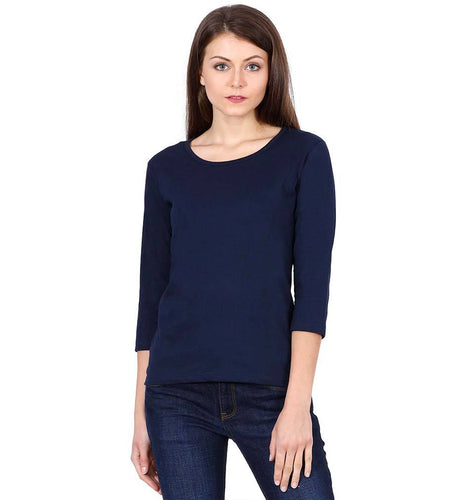 Plain Navy Blue Full Sleeves T-Shirt for Women-ektarfa.com