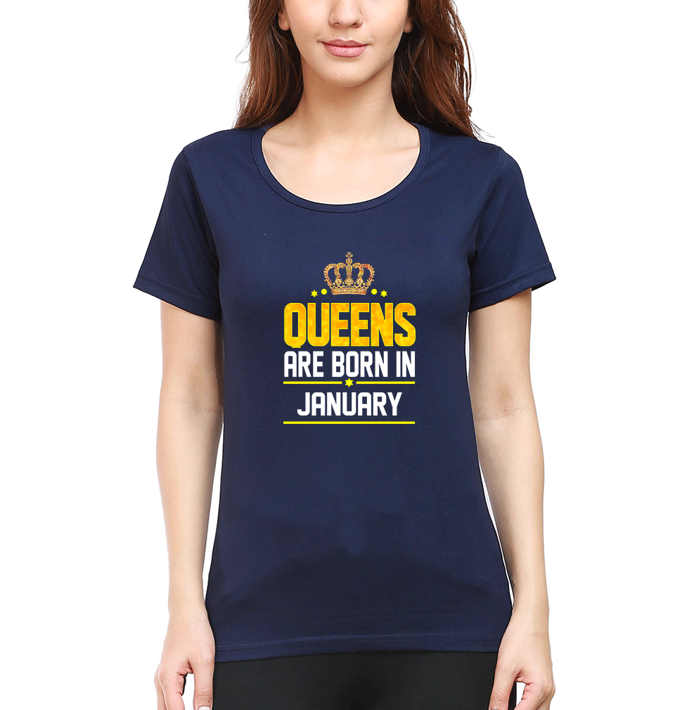 Queens Are Born In January T-Shirt for Women-Navy Blue-Ektarfa.online