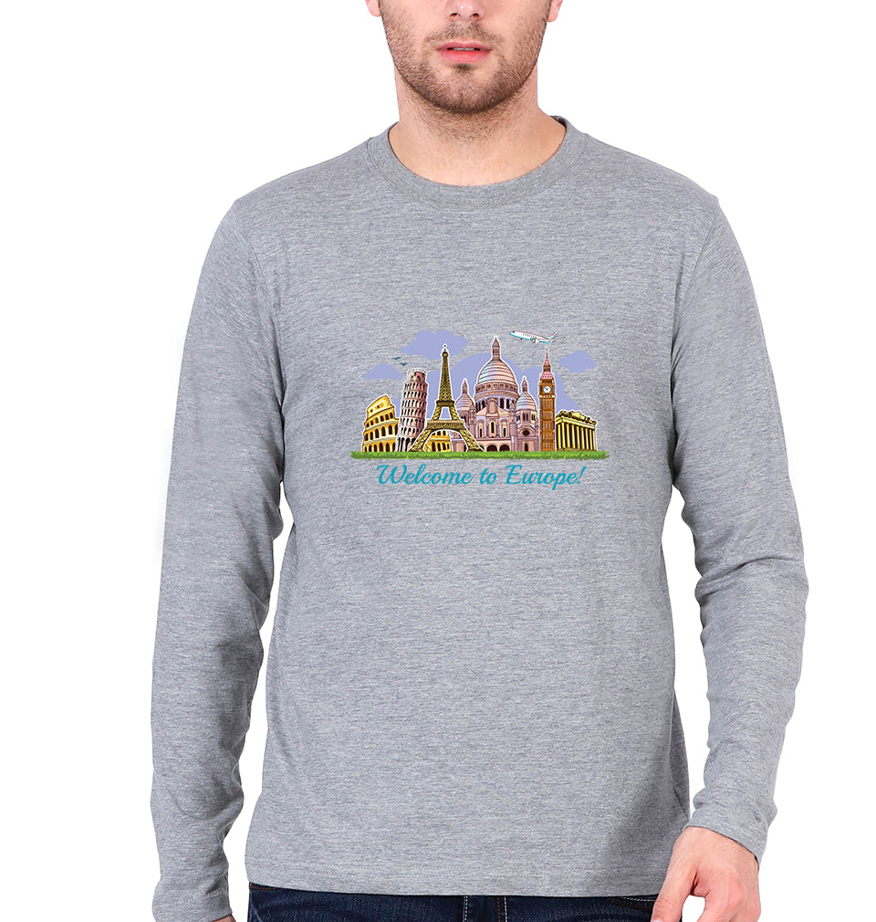 Welcome to Europe Full Sleeves T-Shirt for Men-Grey Melange-Ektarfa.online