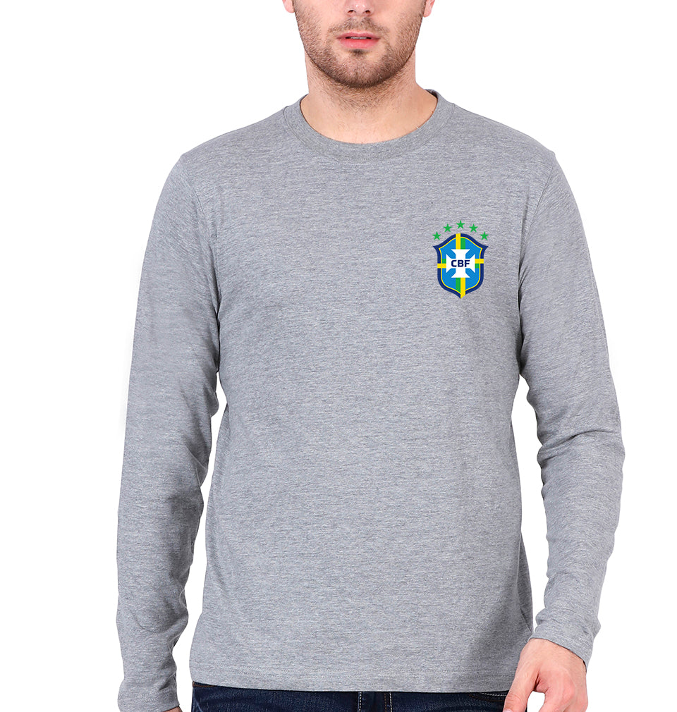 Brazil Football Full Sleeves T-Shirt for Men-S(38 Inches)-Grey Melange-Ektarfa.online