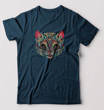 Load image into Gallery viewer, Psychedelic Cat T-Shirt for Men-S(38 Inches)-Petrol Blue-Ektarfa.online
