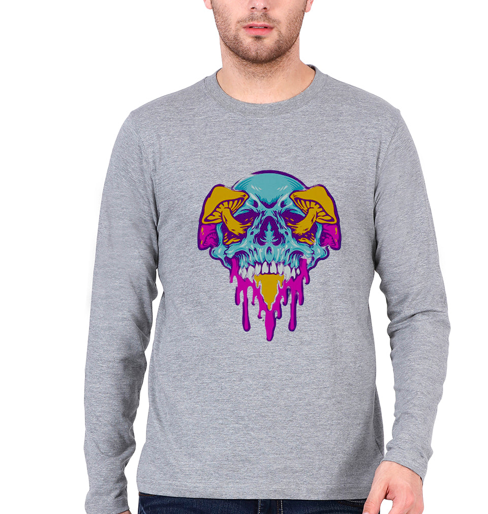 Trippy Psychedelic Skull Full Sleeves T-Shirt for Men-Grey Melange-Ektarfa.online