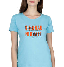 Load image into Gallery viewer, Nirbhau Nirvair T-Shirt for Women-XS(32 Inches)-SkyBlue-Ektarfa.online
