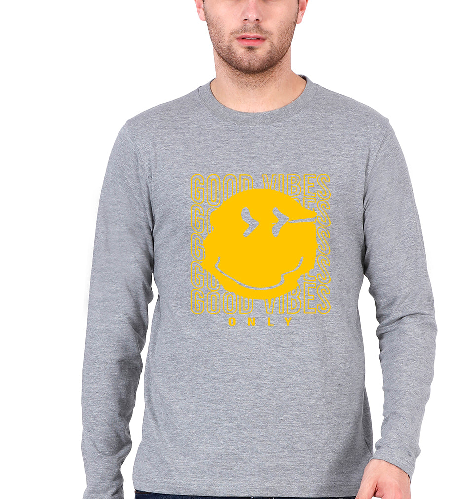 Good Vibes Emoji Full Sleeves T-Shirt for Men-Grey Melange-Ektarfa.online