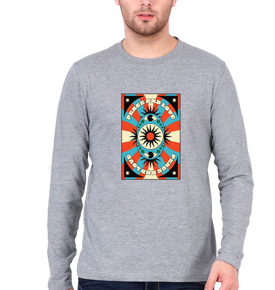 Psychedelic Peace and Love Full Sleeves T-Shirt for Men-Grey Melange-Ektarfa.online