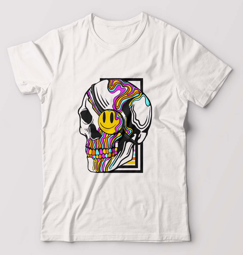 Trippy Psychedelic Skull Emoji T-Shirt for Men-White-Ektarfa.online