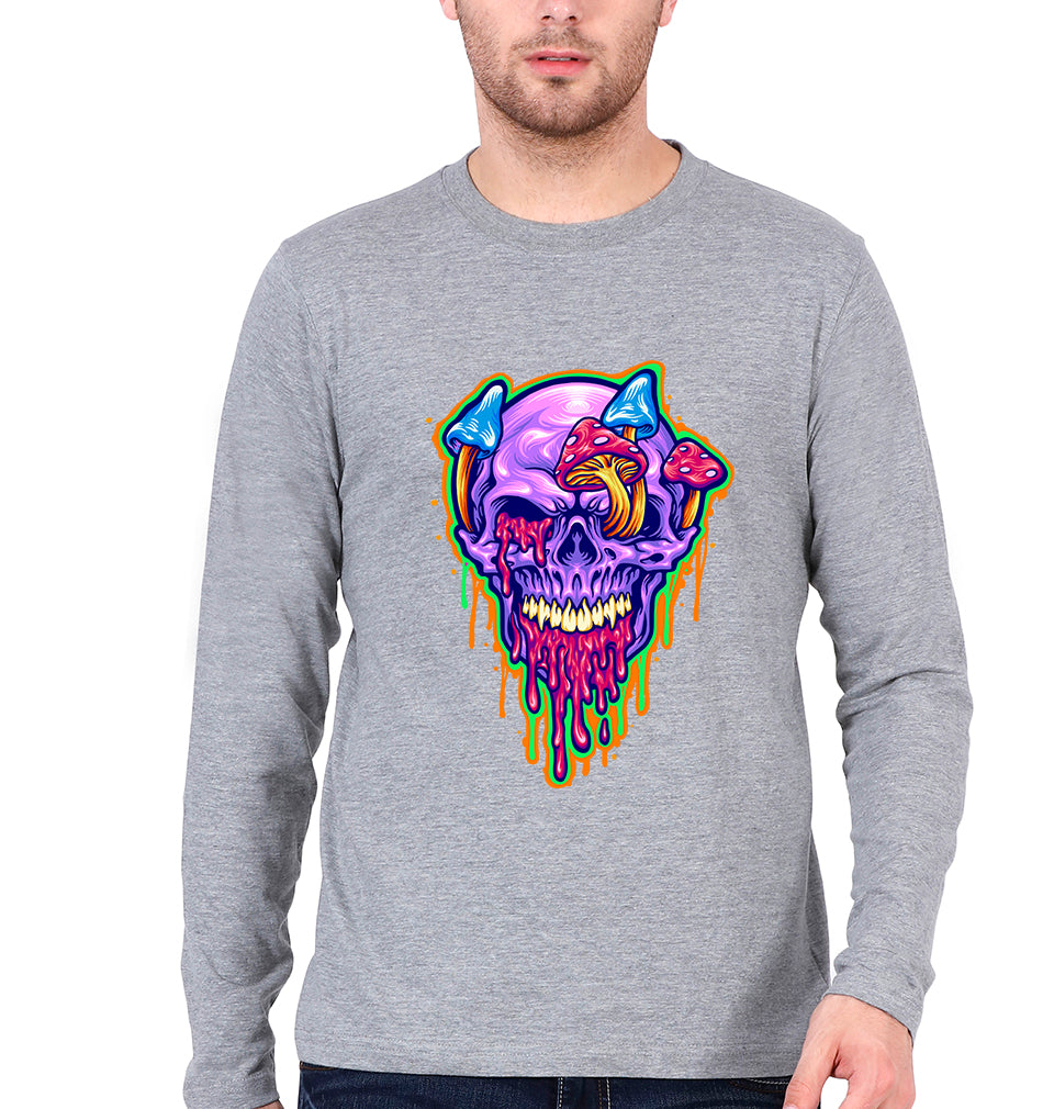 Trippy Psychedelic Skull Full Sleeves T-Shirt for Men-Grey Melange-Ektarfa.online