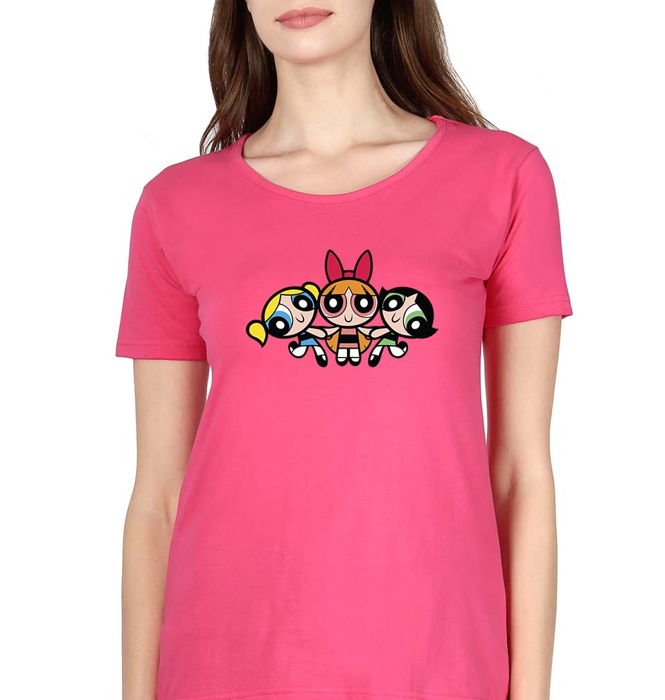 Powerpuff Girls Half Sleeves T-Shirt for Women-M(36 Inches)-Pink-Ektarfa.co.in
