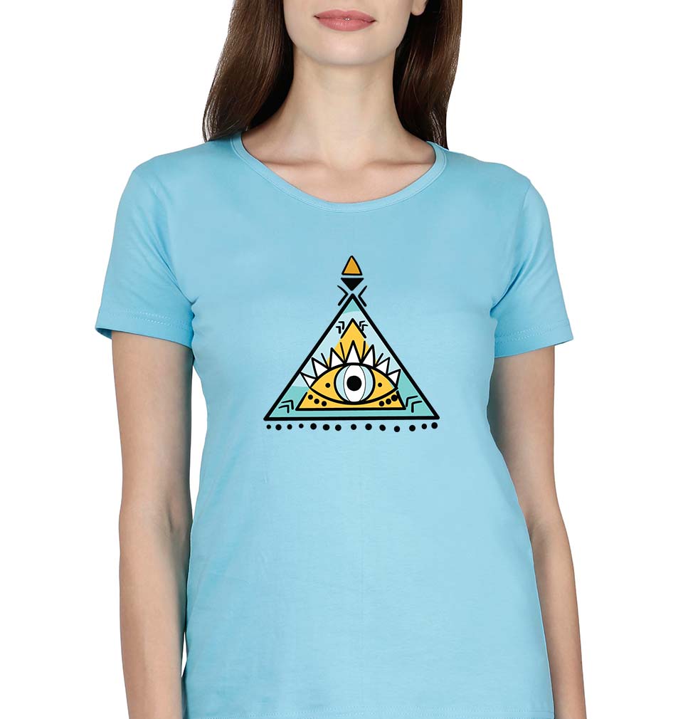 Psychedelic Triangle eye T-Shirt for Women-XS(32 Inches)-SkyBlue-Ektarfa.online